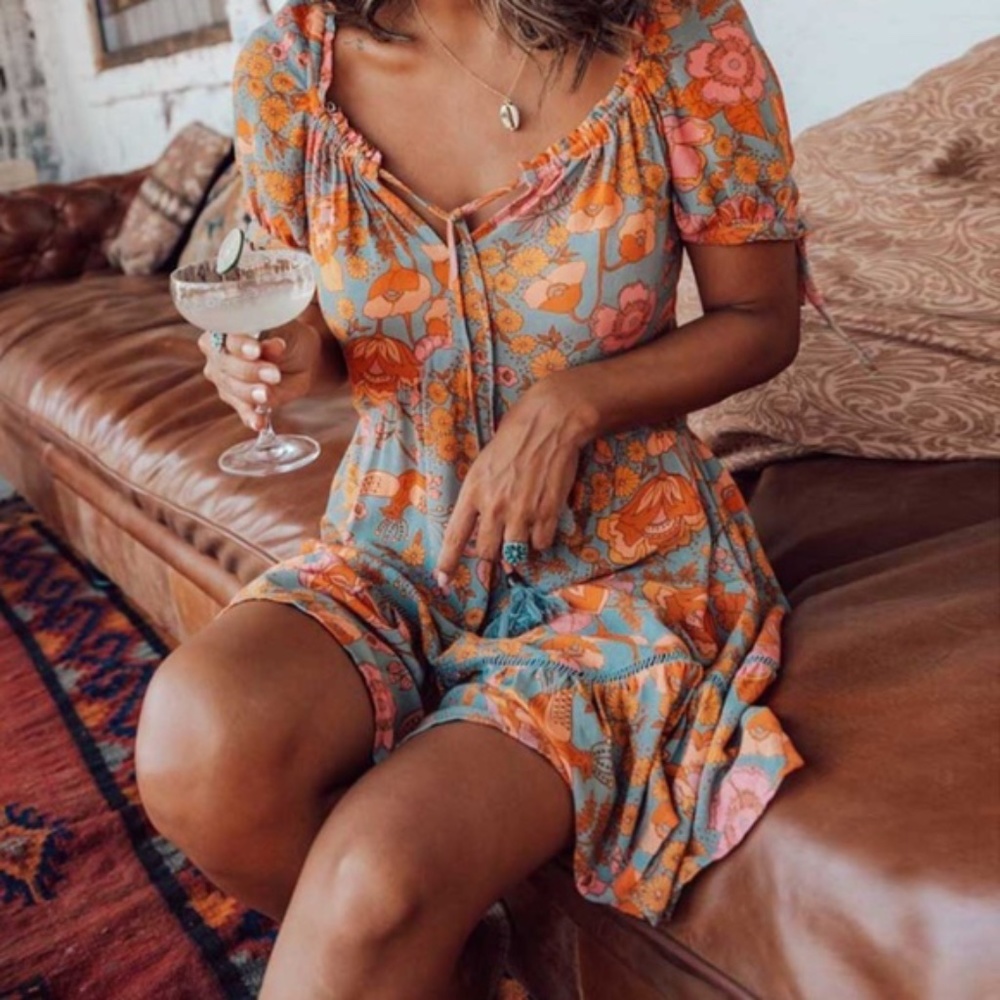 Boho Orange floral print neck tie ruffle dress